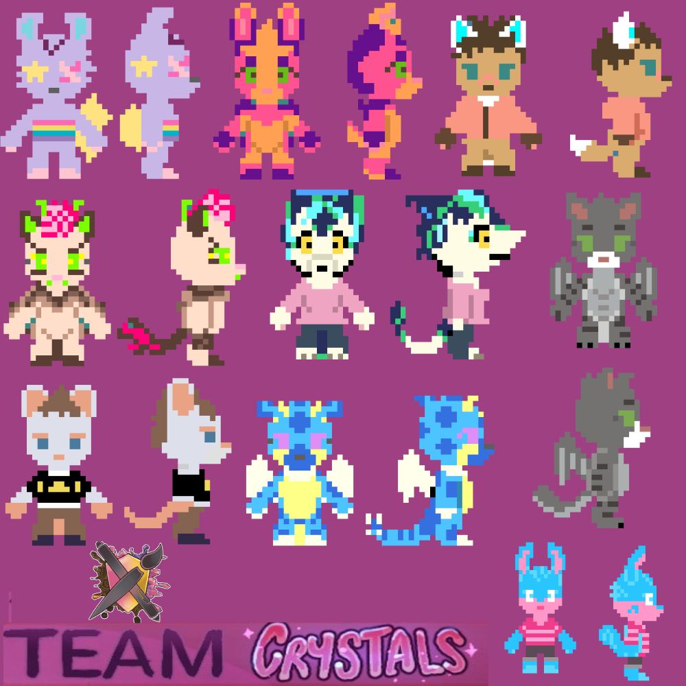 Various 8-bit style anthropomorphic animal  characters with the words Team Crystals underneath.