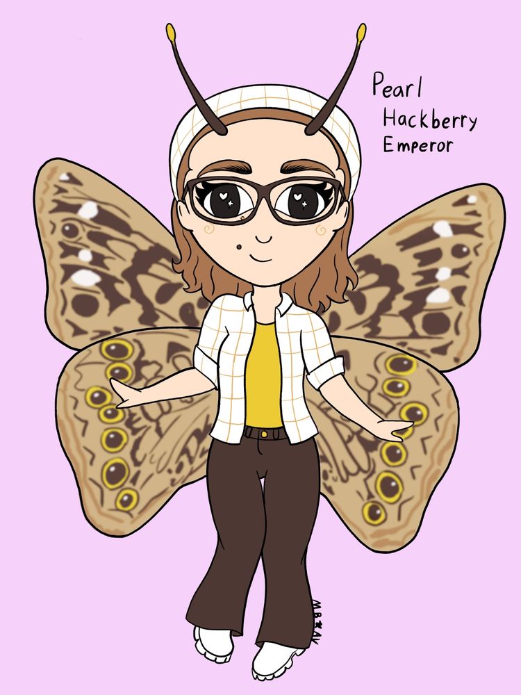 A digital illustration of an original character with the colors and wings of a hackberry emperor butterfly
