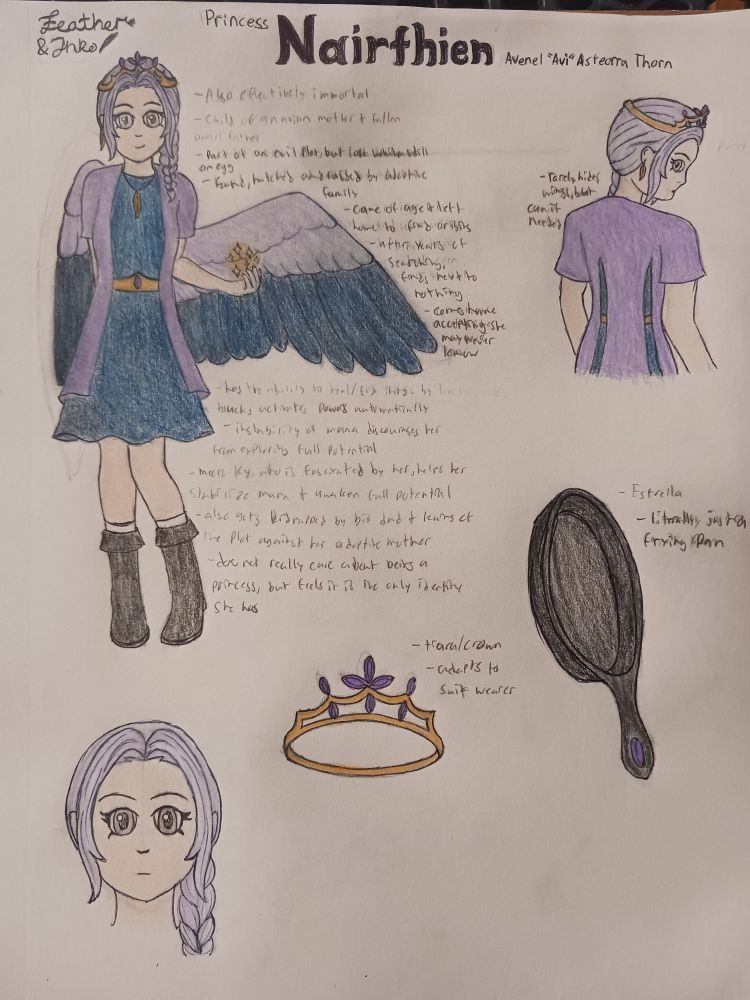 Sketchbook page filled with drawings and notes related to an original character with a ridiculously long name