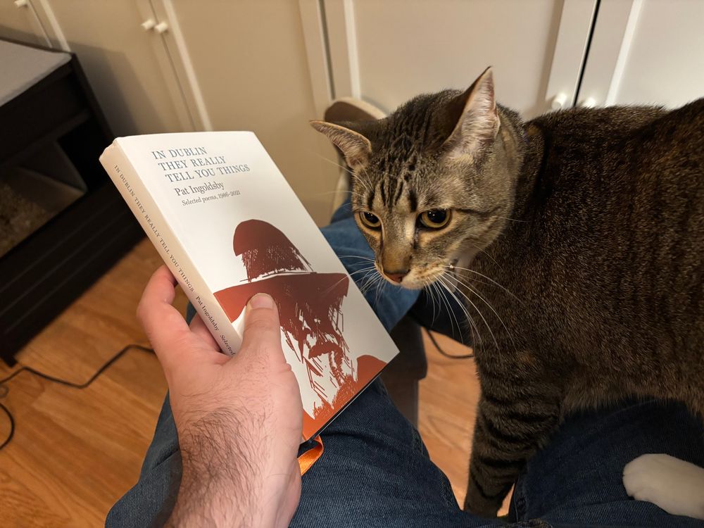 I hold a collection of poems by Pat Ingoldsby called In Dublin They Really Tell You Things in my left hand as my gray tabby cat Misu sits on my leg. The book has a white cover with a high contrast image of Pat wearing a hat on the front. 