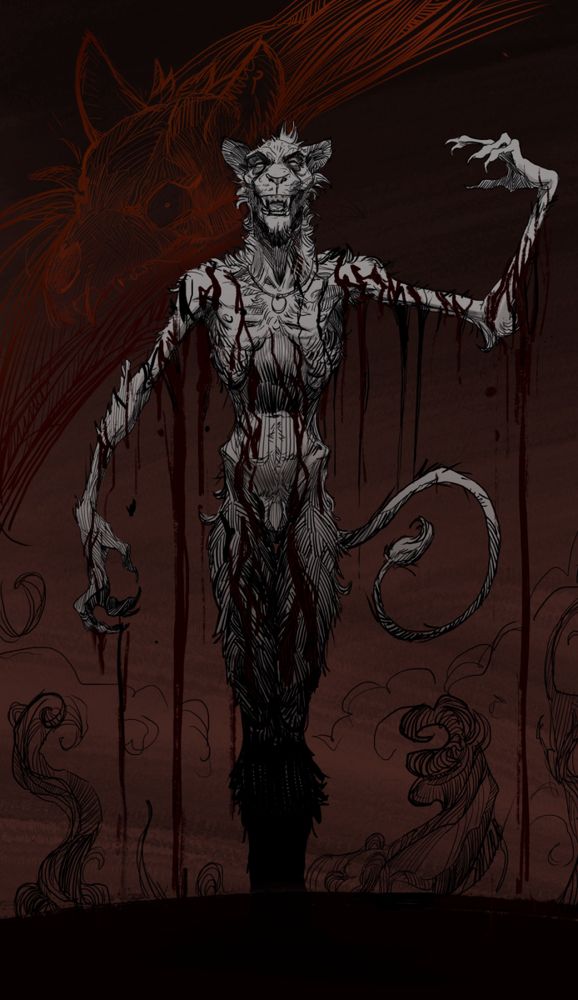 lion necromancer with blood pouring from his body, a spectral skull creature appearing behind him