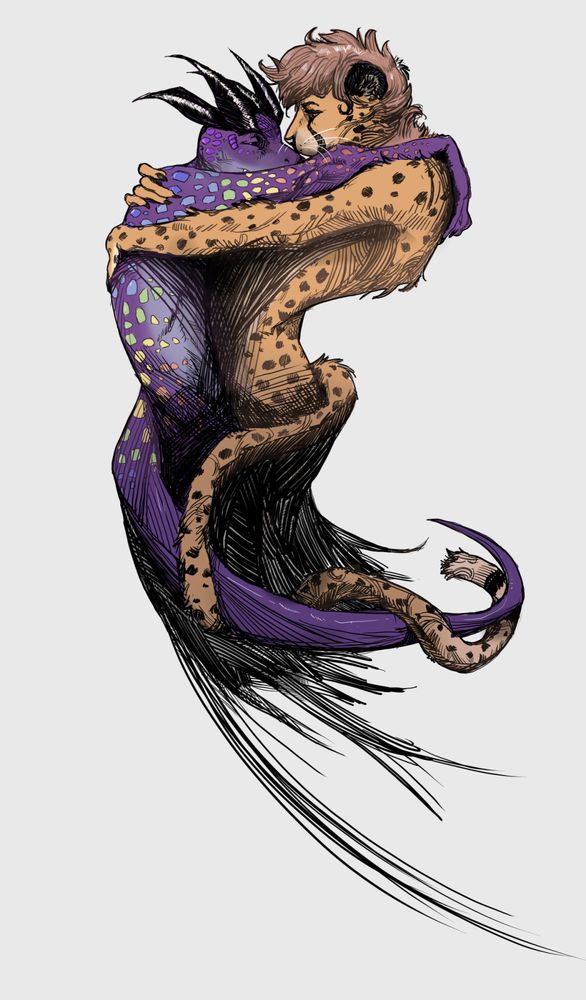a cheetah and a dragon embracing, inspired by the logo from final fantasy 8