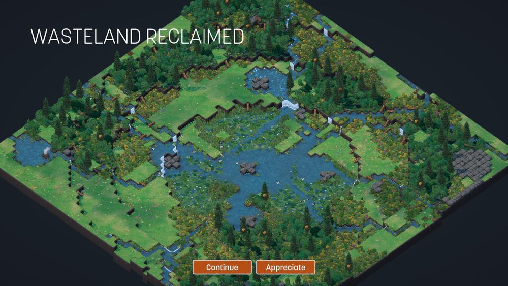 Capture d'écran du jeu terra nil, vue en 3D isométrique d'un paysage, biome forestier, lac central