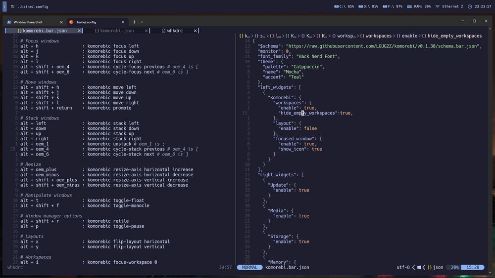 Capture d'écran d'une fenêtre windows avec deux onglets, powershell et ubuntu. Dans le corps de la fenêtre, les fichiers komorebi.bar.json et whkdrc avec plein de raccourcis à base de combinaison de touches alt sont ouverts.