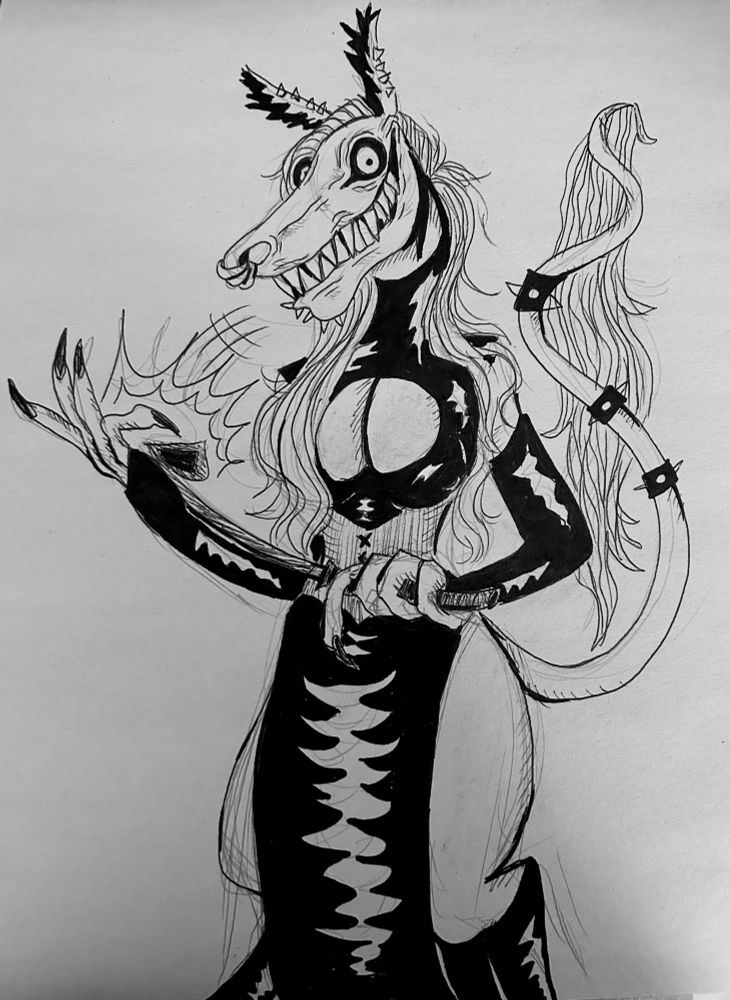 An ink drawing of an anthro kelpie with digigrade legs smacking a riding crop against its hand. It wears a latex cassock with a generous titty window and slits in the side revealing nearly all of the kelpie’s hip and thigh. It wears a corset, opera glove-length fingerless gloves, and knee high latex boots. It has a vertical row of spiked piercings starting from the top of its lip to its chin, several spikes through their ragged ears, three nose rings stacked on top of each other, and three spiked cuffs spread out on their long tail. It has a long wispy mane and row of similar hair along the end if its tail. It has black scleras, wide eyes, and a huge, sharp-toothed grin.