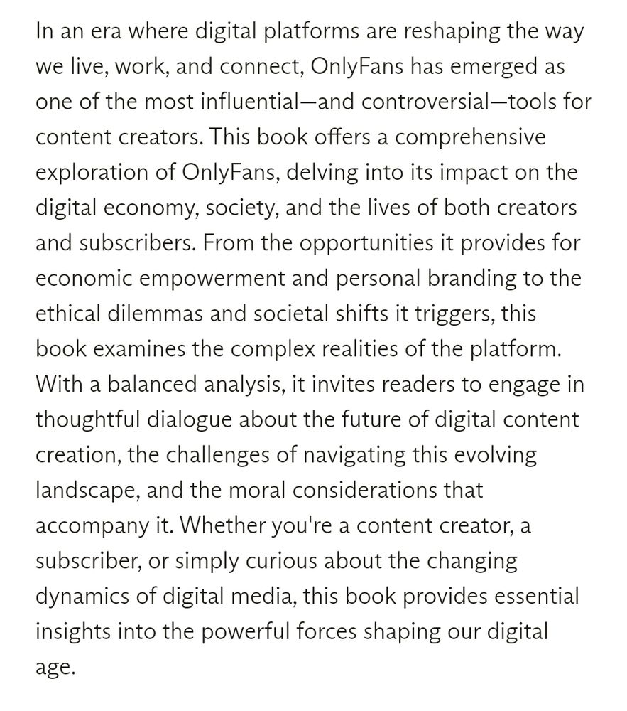 Description of book that reads, "OnlyFans has emerged as one of the most influential - and controversial - tools for content creators"