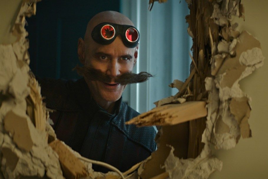 An image of Jim Carrey in a scene from Sonic the Hedgehog, sporting a large moustache 