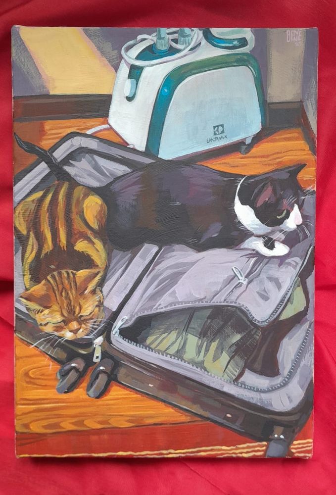 Pintura acrílico fosco em tela, 17x29cm. 
Dois gatos, um listrado e uma frajola, ambos deitados dentro de uma mala. 
