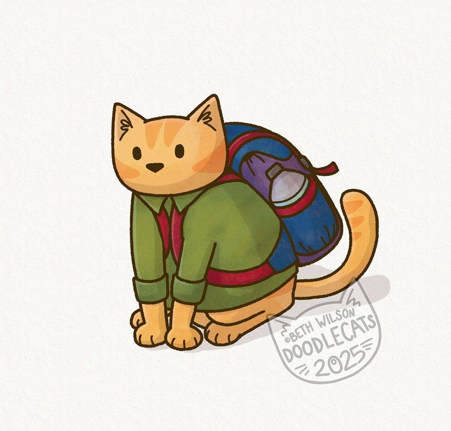 a cartoon ginger cat wearing a khaki shirt and a blue/red/purple backpack