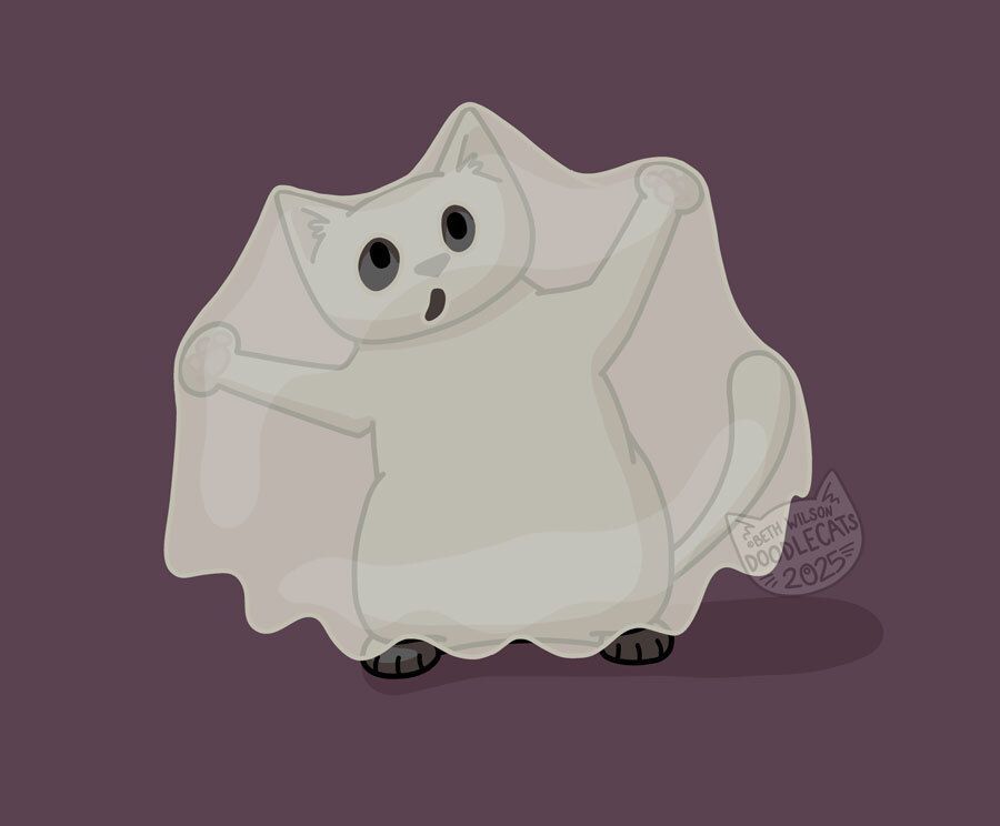 a cartoon black cat under a sheet being a spooky halloween ghost