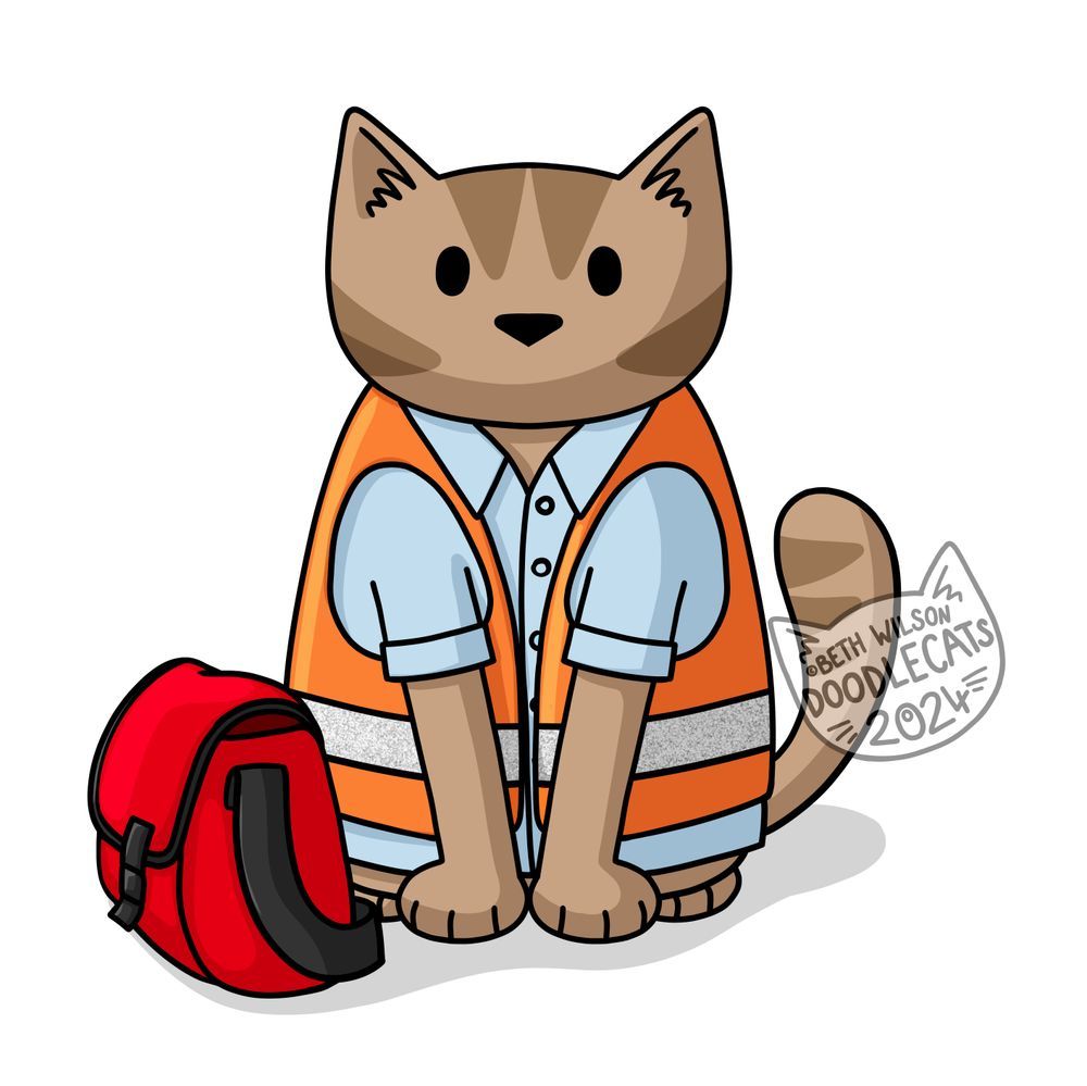 a cartoon tabby cat dressed as a postman with a red bag, blue shirt and orange tabard.