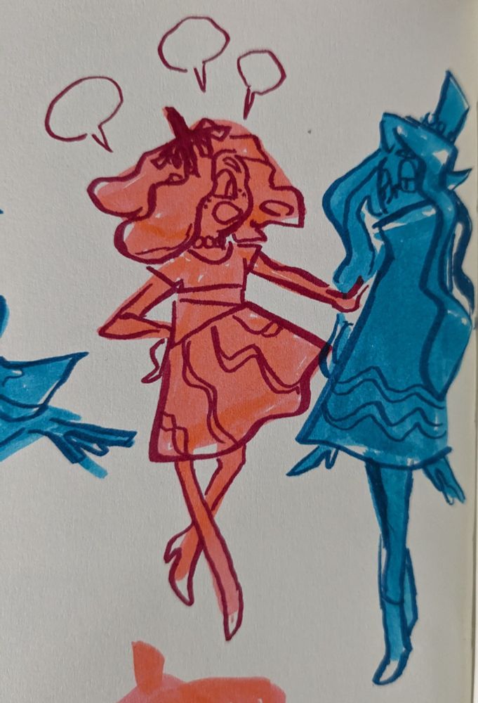 Polly and Cosmo in the same style and colors as the previous drawing. Polly is turned toward Cosmo with one hand on her hip, chatting away. Her other hand is on Cosmo's shoulder. Cosmo does not appear to mind, and has a relaxed pose with arms at their sides.