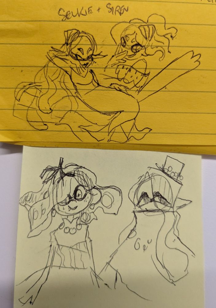 A pair of loose drawings on sticky notes. The top one is a pair of mischievous-looking characters with large scallops in their hair. One is an inkling with long thin curly tentacle hair reminiscent of a mermaid. The other is partially obscured by the first, and wears a spotted dress. On the bottom drawing are a new pair of characters standing neutrally. The octoling on the left has a wavy bob of tentacle hair, a dress with salmon sashimi for a belt, and a piece of coral in her hair. The inkling on the right has a small top hat and two long wavy tentacles. They have a large poncho with a high collar.