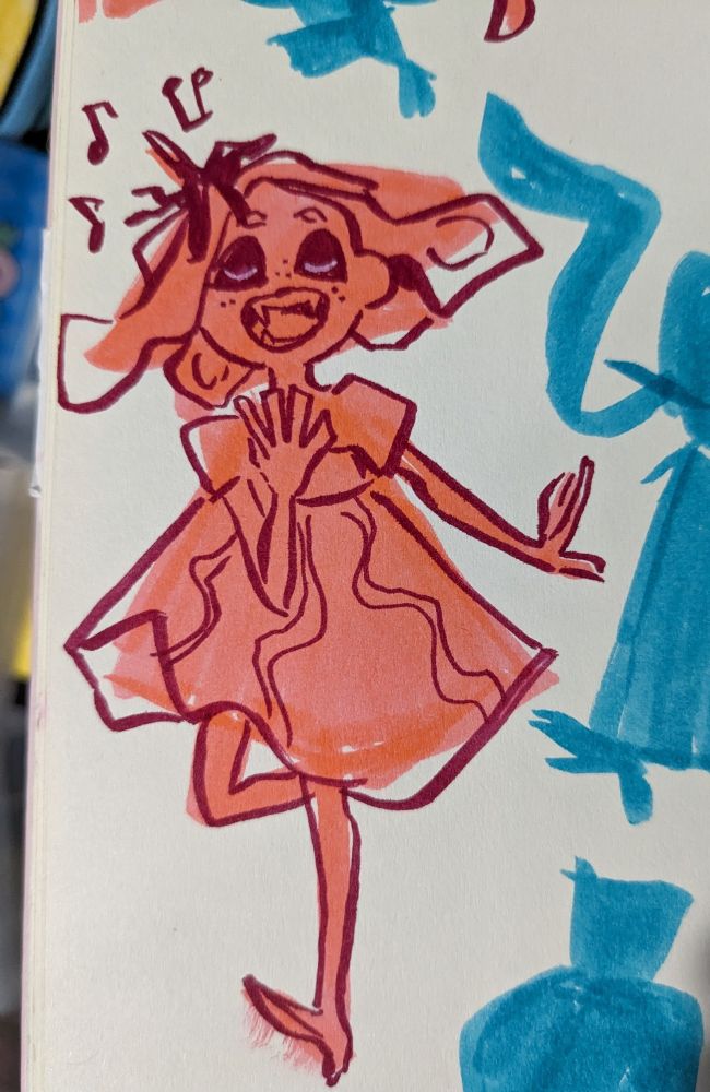 One last drawing of Polly in bright pink, same style as previous two images. Un-lined drawings of Cosmo from the rest of the page surround her. This drawing has Polly singing brightly, eyes closed. She looks like she could be mid-dance, with one foot on the ground and the other bent up, with one arm outstretched. Her other hand is near her chest as she sings.