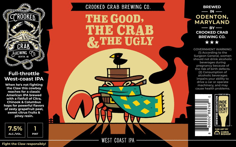 Beer can label art of a wild west cowboy crab