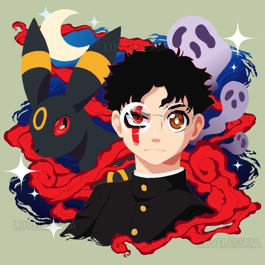 A pixel art bust of Okarun with an Umbreon. He is surrounded by a red smoke