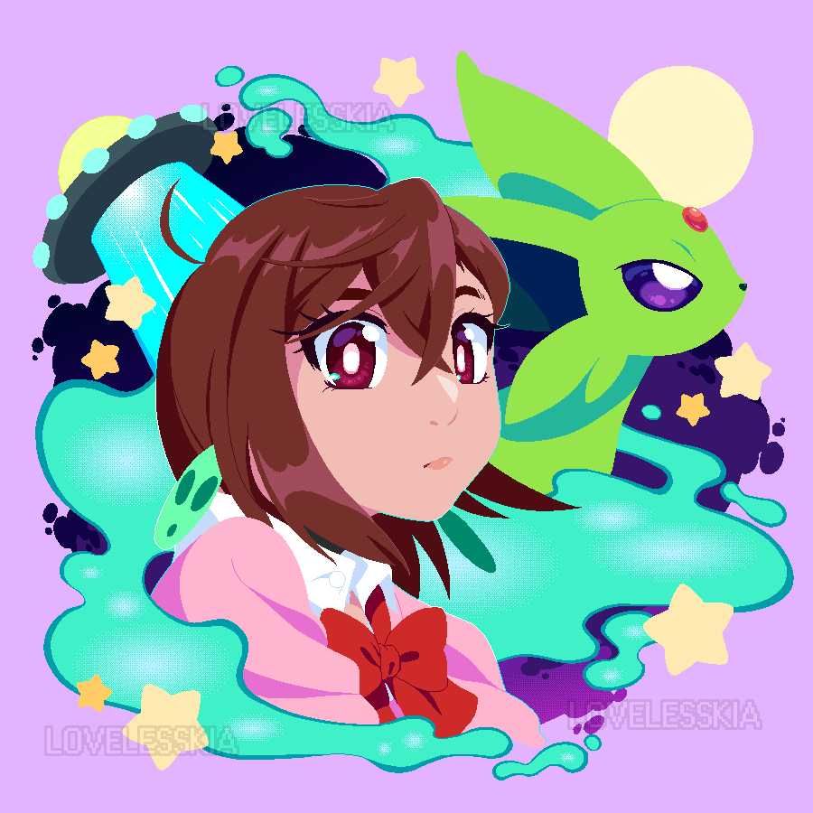 A pixel art bust of Momo with a shiny Espeon. She is surrounded by teal psychic details