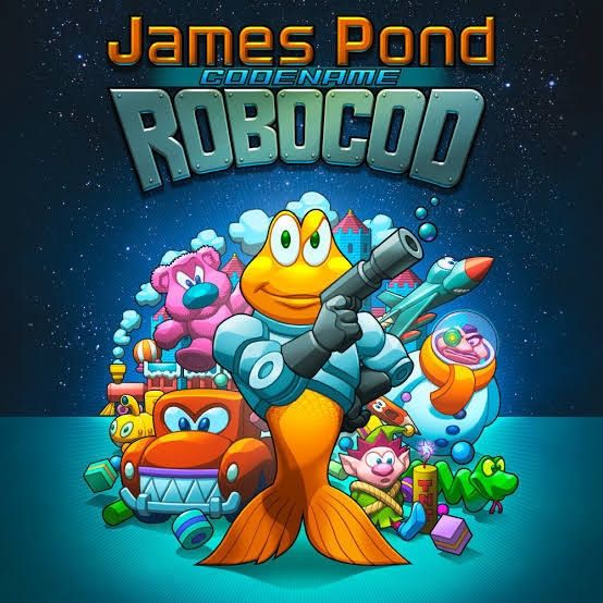 Artwork from the 90s video game James Pond 2: Codename Robocod. It features the Character James Pond, a goldfish holding a gun in a James Bond style pose, featuring a robotic torso. Behind James Pond are a host of characters from the game. 