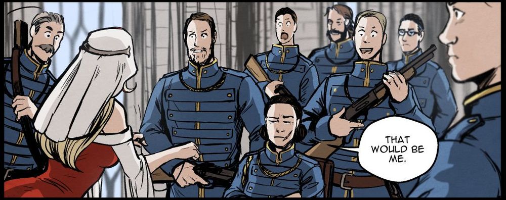 Woman dangling a garrote before a crowd of gaping shoulders.