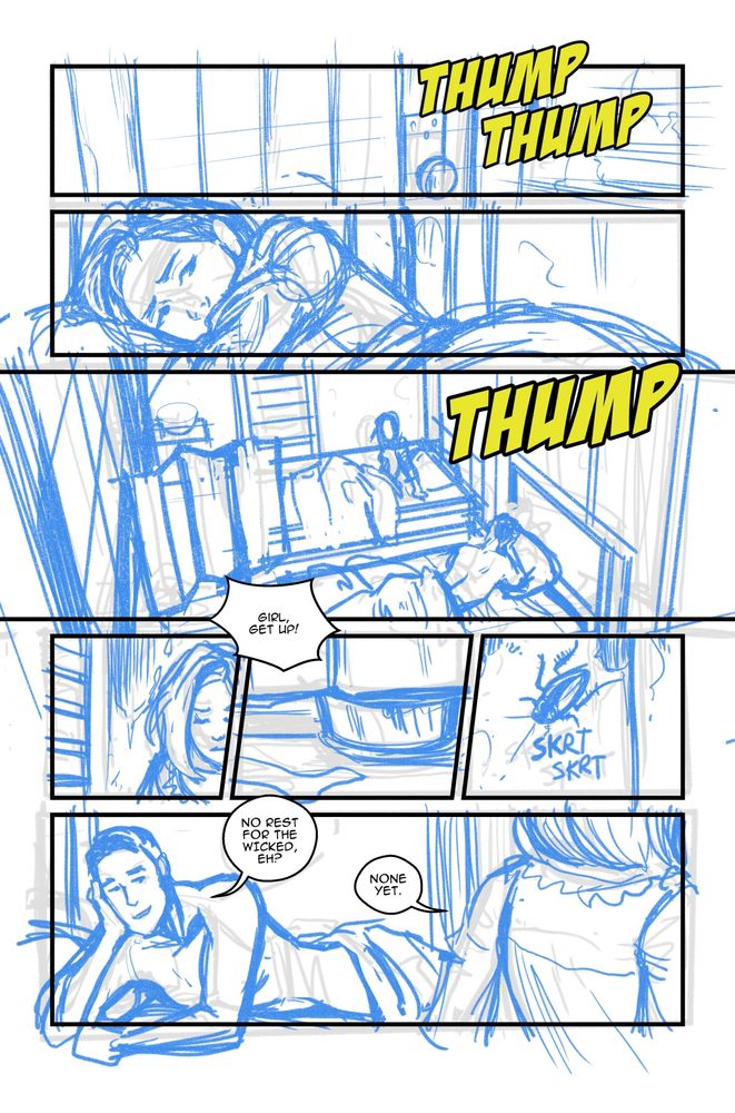 Amelia Redhand wakes up after a knock on her door. Steward Quinn Faber says, "No rest for the wicked, eh?"