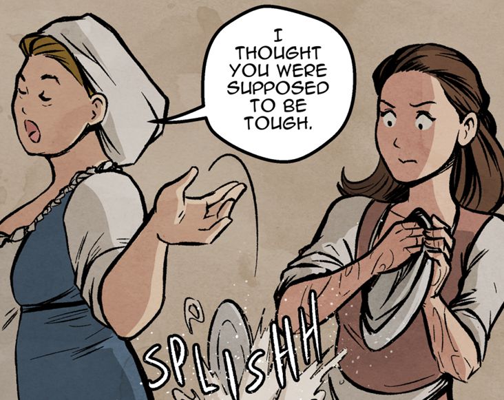 One woman tosses a dish back into wash water while another woman wipes down a plate.