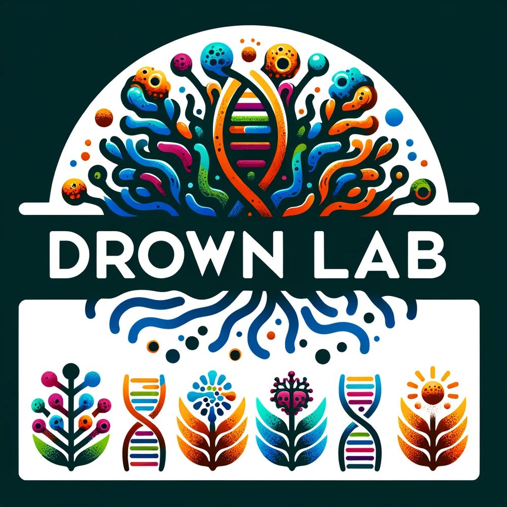 Drown Lab logo with colorful squiggles and images of DNA, plants, and microbes.