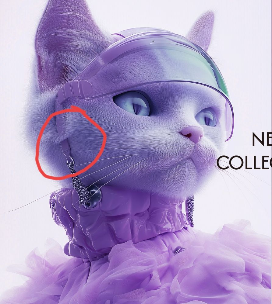Gen AI image of a cat wearing human clothing. This includes glasses that sort of look like ski goggles, but with over-ear arms like normal glasses. The cat doesn't have ears there, and the image generator has seemingly anchored the glasses into the cat's flesh - the arm of the glasses goes into the cat's cheek, turn back out. 