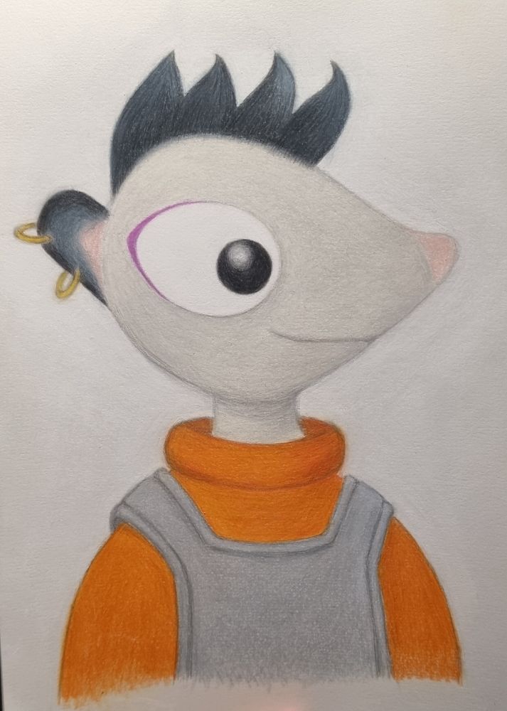 A coloured pencil drawing of Riggs from the game Cobalt Core. She is an anthropomorphic possum wearing a flight suit. She is wearing purple eyeshadow. 