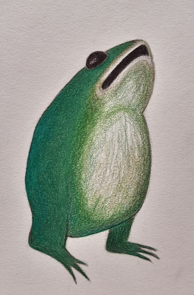A green and white frog. The frog is standing up on its two back legs, and it doesn't have any front legs. Its mouth is pointed upwards. It is a copy of a frog included in the Hieronymous Bosch painting The Garden of Earthly Delights.