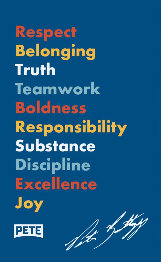 The Rules Of The Road (aka ROTR) - a list of ten key positive core values that strengthen our society. First published during the 2020 presidential campaign of Pete Buttigieg. The ten core values are: Respect, Belonging, Truth, Teamwork, Boldness, Responsibility, Substance, Discipline, Excellence, and Joy
