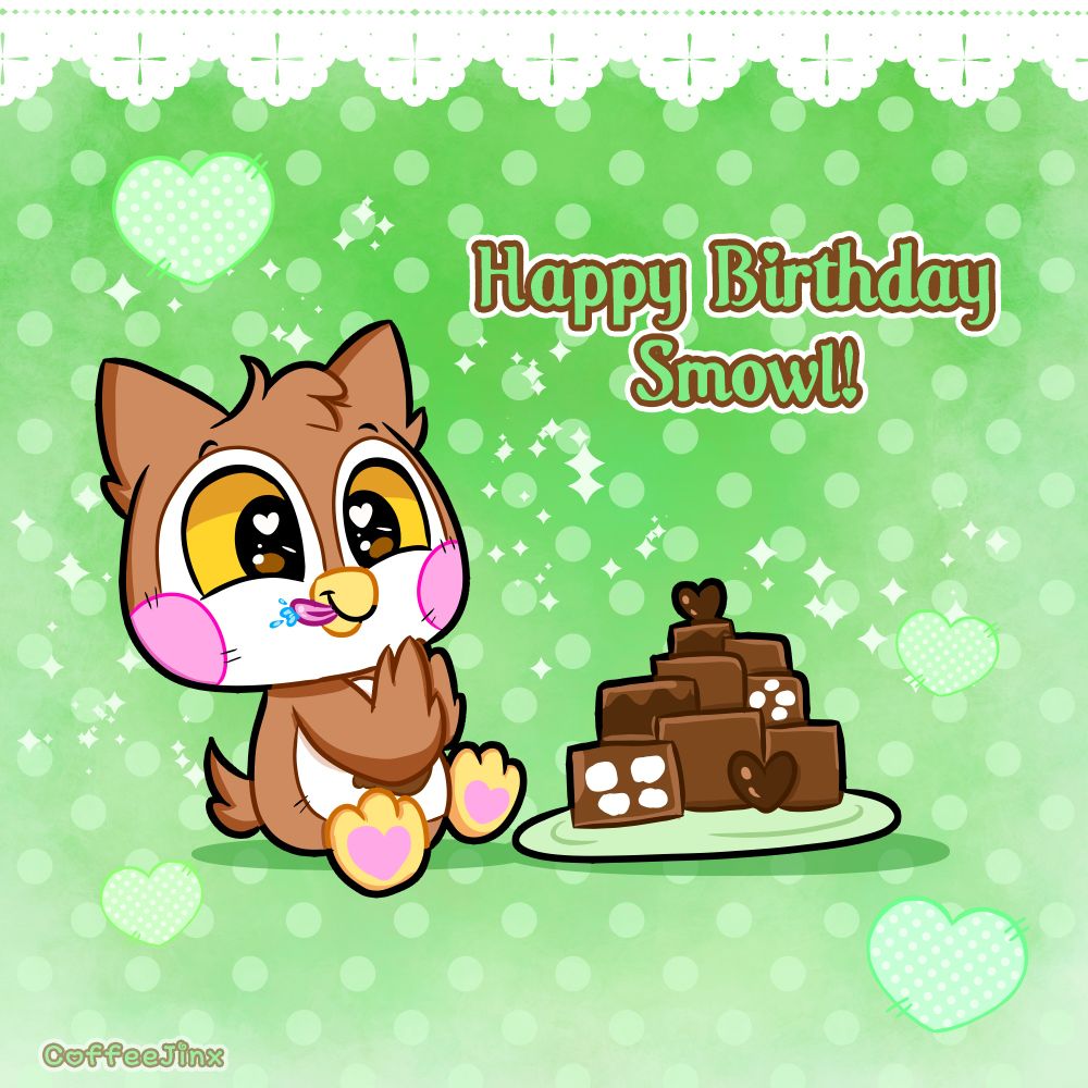 Artwork of a plush owl character happily applauding chocolate fudge bars.