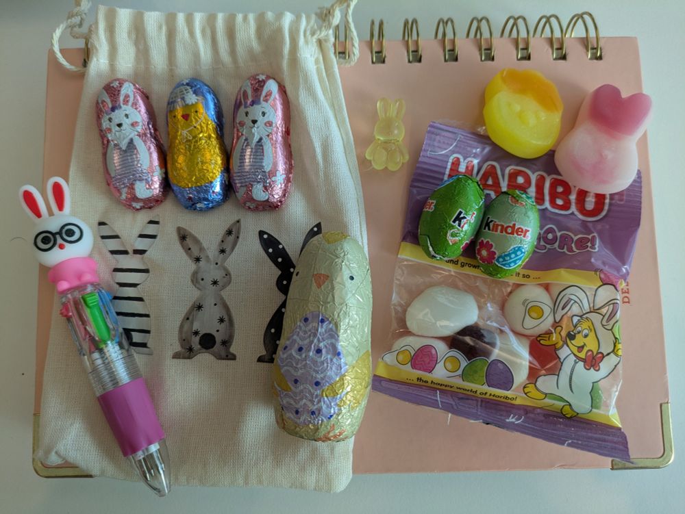 Selection of Easter treats including rabbit shaped chocolates, chick shaped gummy sweets, and a small pen with a rabbit topper
