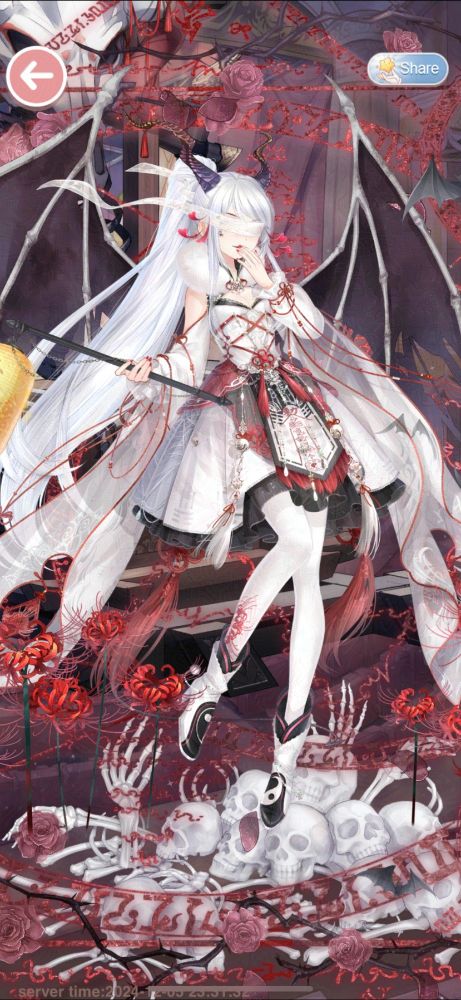 White skinned anime character from Love Nikki.
White dress with black and red details around the edges.
Red ropes crisscrossing over the bodice of the dress.
Red ropes trim the off the shoulder sleeves of the dress, and around the wrists of the sleeves.
White tights with a little bit of red spider lily near the calves.
White shoes with black and red accents, and a ying-yang on part of it.
Character is holding a paper lantern.
Character has horns and demon wings.
Background includes a skull throne, skulls on the floor, red spider lillies, and a red transparent circle with unknown symbols around the outer ring.