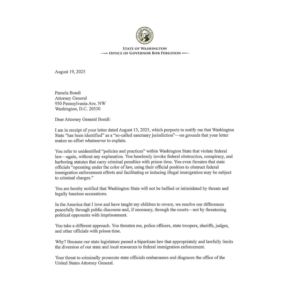 First page of a letter from Gov Ferguson to AG Bondi