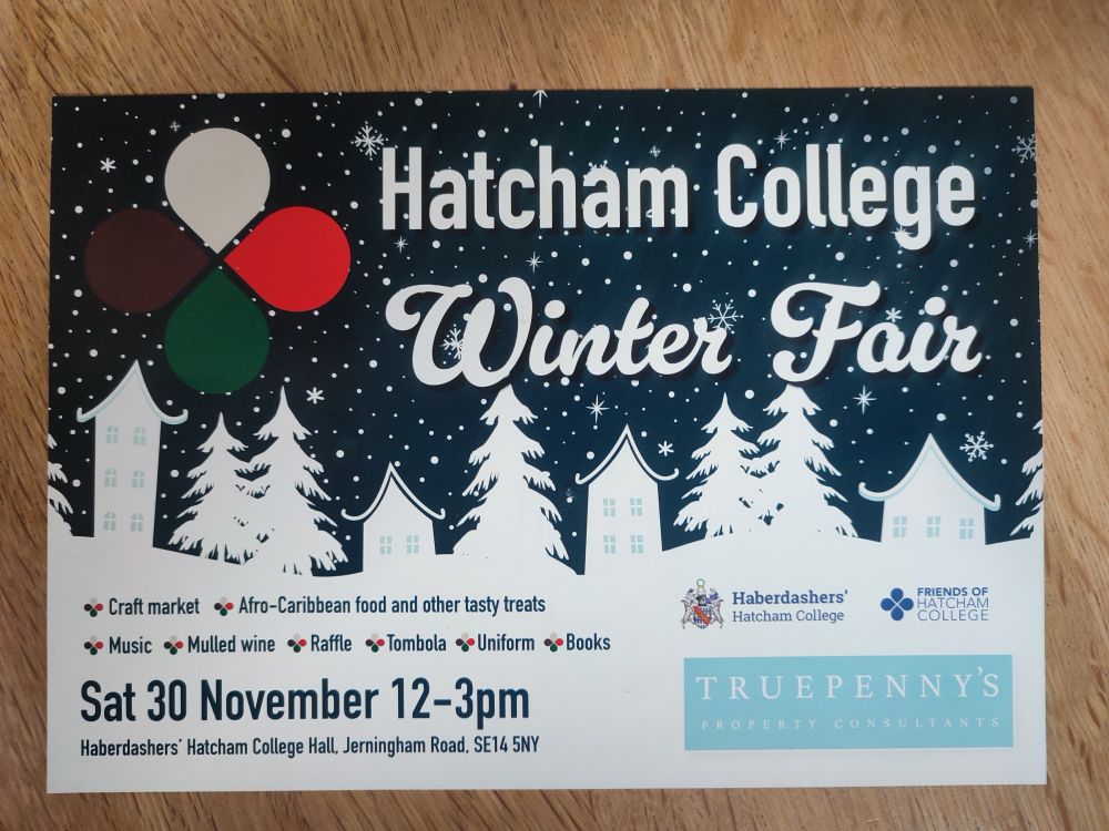A flyer advertising the Hatcham College Winter Fair on 30 November