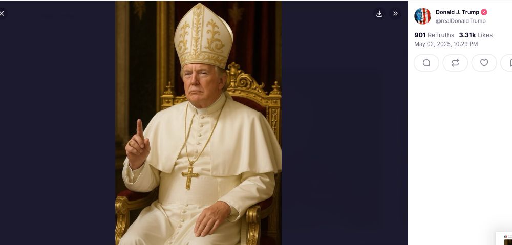 A post from Donald Trump's Truth Social showing Trump, an elderly white man, dressed in a pope's white garb and mitre seated on a throne.