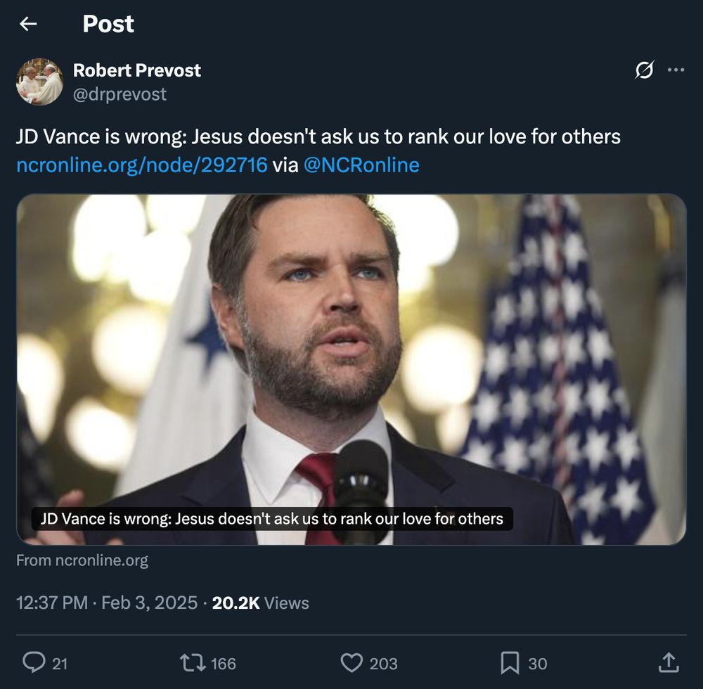 A tweet from Robert Prevost, the new pope, from February 3, 2025, saying "JD Vance is wrong: Jesus doesn't ask us to rank our love for others." 