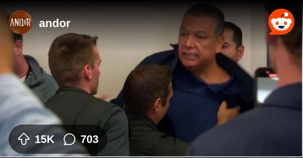 From the andor community on Reddit: An image of a sitting US senator being handcuffed by federal agents, and a scene from Andor I thought of for no reason at all
