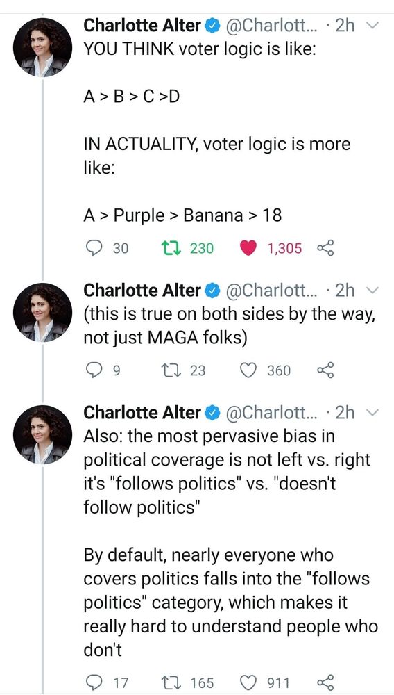 A tweet from Charlotte Alter saying 

You THINK voter logic is like:

A > B > C > D

In ACTUALITY, voter logic is more like:

A> Purple > Banana > 18