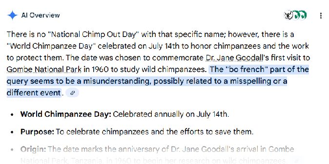 Google's AI overview after searching for "national chimp out day bo french"

There is no "National Chimp Out Day" with that specific name; however, there is a "World Chimpanzee Day" celebrated on July 14th to honor chimpanzees and the work to protect them. The date was chosen to commemorate Dr. Jane Goodall's first visit to Gombe National Park in 1960 to study wild chimpanzees. The "bo french" part of the query seems to be a misunderstanding, possibly related to a misspelling or a different event. 
