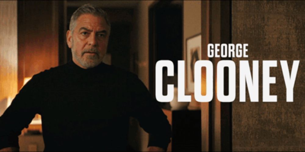 a movie poster for george clooney features a man in a black shirt