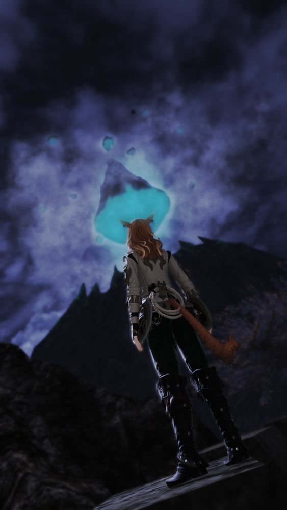 Soren stands atop a lookout tower in Dravania looking up at the floating mountain peak. The glowing blue of the floating rock silhouettes her head akin to a halo. The sky is a roiling, stormy purple.