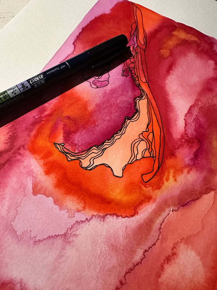 Watercolour and ink, work in progress, red, yellow and orange and pink, with fine black flowing lines, abstract. 