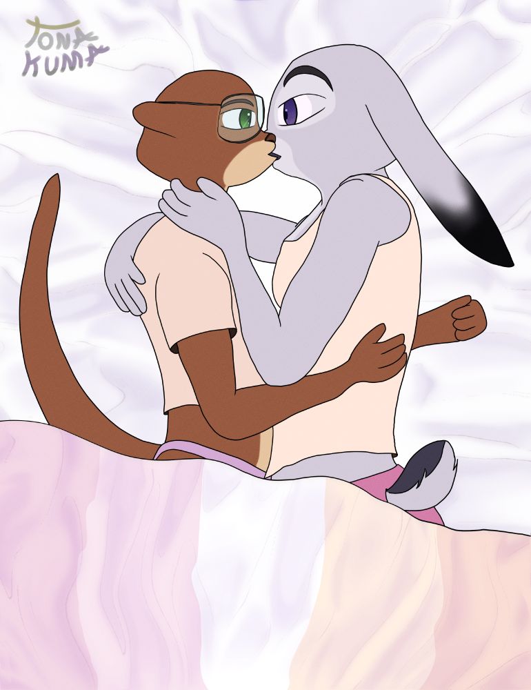 Anime Anthro style art of Sam the ottere from Zootopia Plus and Judy Hopps in a bed cuddling and kissing each other. 

Inspired by The Kiss by Tanya Chalkin