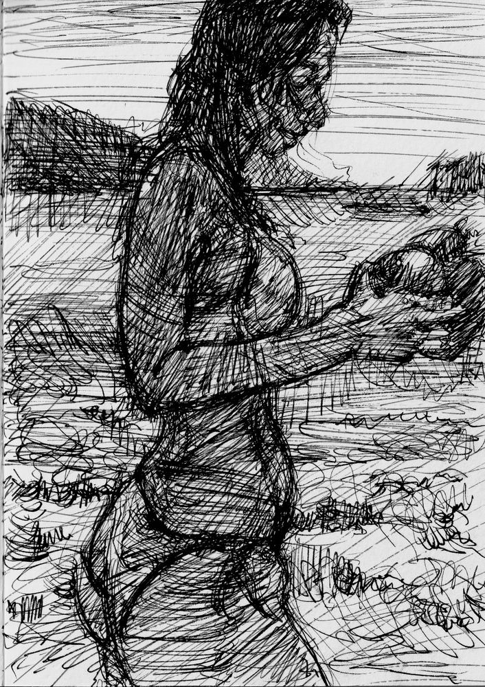 girl on beach with fruit