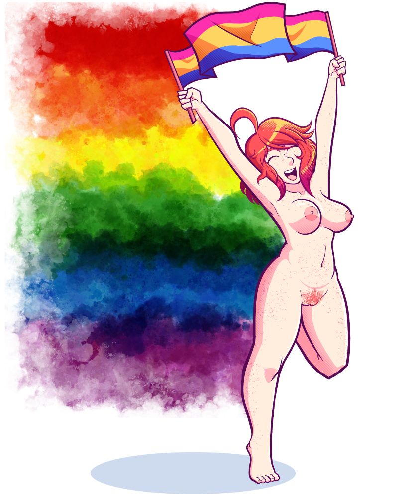 Amber running completely naked with a cloudy rainbow trail behind her, happily waving the pansexual pride flag above her head