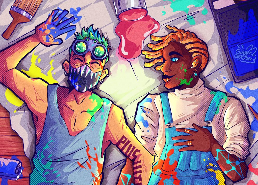 The characters Octane and Seer laying down on the floor with paint supplies scattered around them. Both of them wear loose casual attire while also covered in paint due to Octavios endevours. The colors are vibrant with a hard cell shading. :]