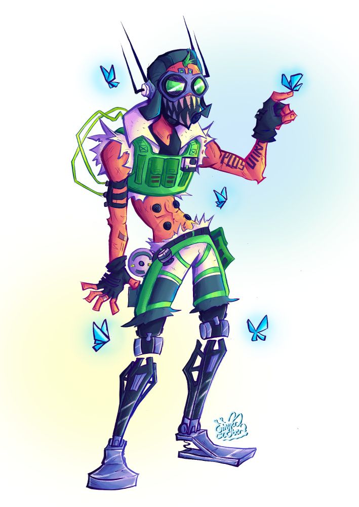 Octane standing in a really exagerated pose with a bunch of little blue moths flying around him.