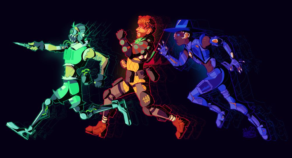 The characters Octane, Mirage and Seer, from Apex Legends, running towards the left. Their colors have been slightly altered to their main colors (Octane > Green, Mirage > Yellow/Orange, Seer > Blue) along with being very vibrant. They have a hard shadow of black on the right side of them. Their line art is copied behind them and slowly fading into the back ground