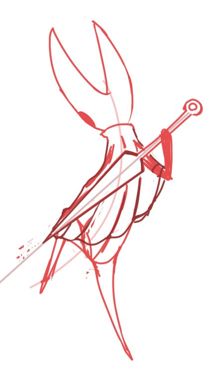 a sketch of Hornet from the video game Hollow Knight, kneeling down with her needle held by her right arm.